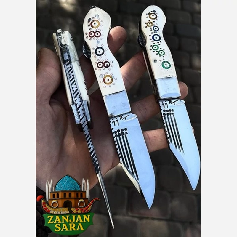 چاقو تاشو ضامندار استیل دسته استخوان بابا یوسف زنجان