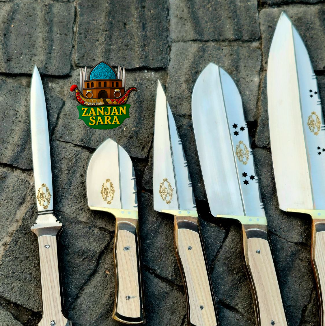 چاقو و مصقل قصابی فولاد ست 5 تائی استاد کار زنجان